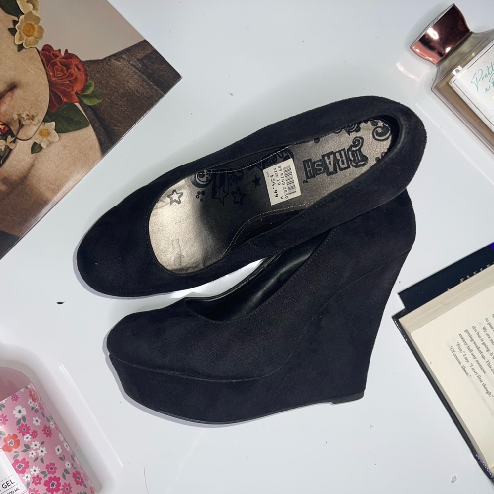 Black Suede High Heel Wedges | Brash Women’s Shoes Size 10